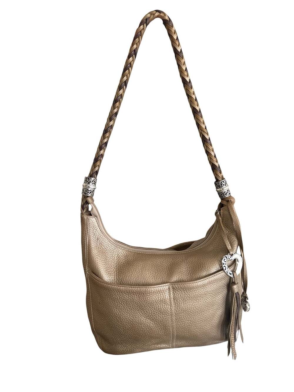 Brighton Zip-Top Hobo Shoulder Bag in Metallic Gold Pebbled Leather